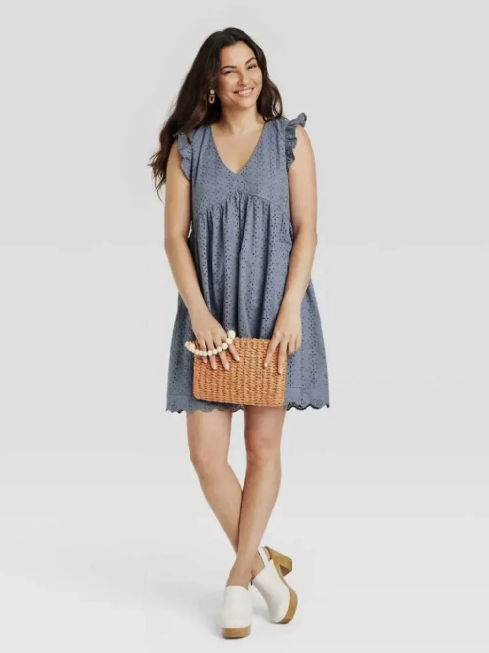Knox Rose - XL Ruffle Short Sleeve Eyelet Lined A-Line Dress - Blue - Picture 1 of 8
